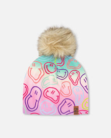 Stretch Jersey Hat Multicolored Printed Smileys With Pompom - H30W20_3H017