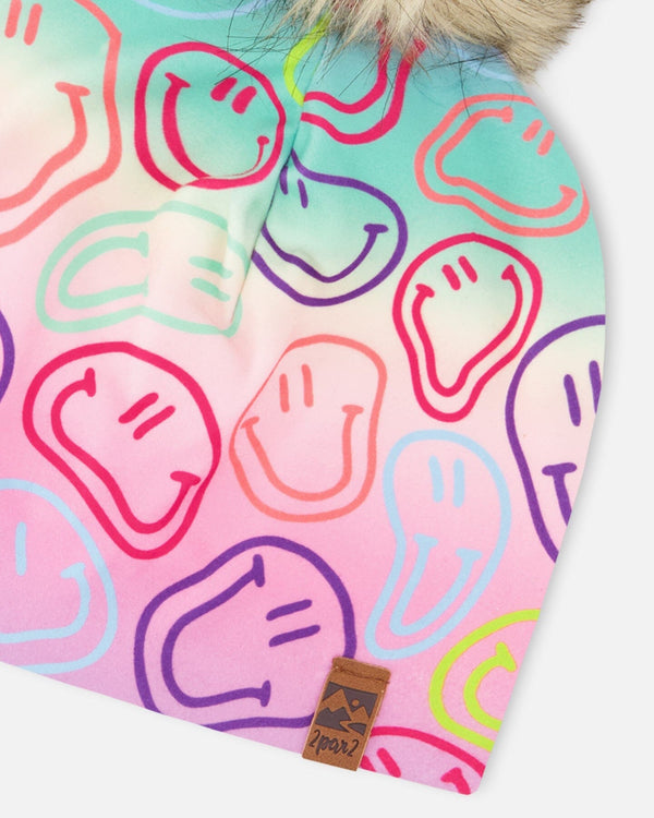 Stretch Jersey Hat Multicolored Printed Smileys With Pompom - H30W20_3H017