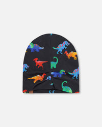 Stretch Jersey Beanie Black Dinosaur Print - H30W22_3H032