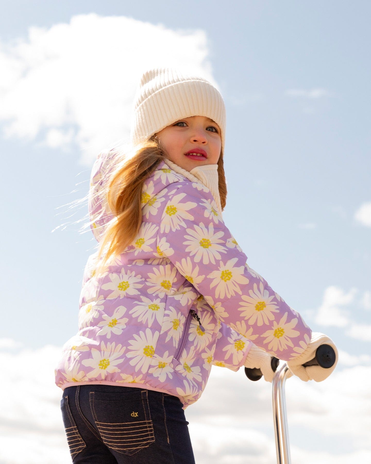 Quilted Mid-Season Jacket Purple Daisy Print - Deux par Deux