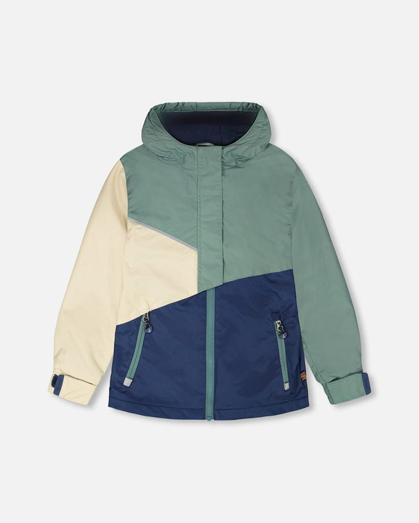 Mid-Season Jacket In Recycled Polyester Dark Green, Beige And Navy - H30W46_03003
