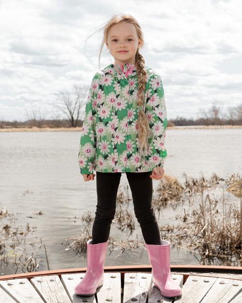 Packable Windbreaker In Polyester Green Smiling Flower Print Outerwear Deux par Deux 