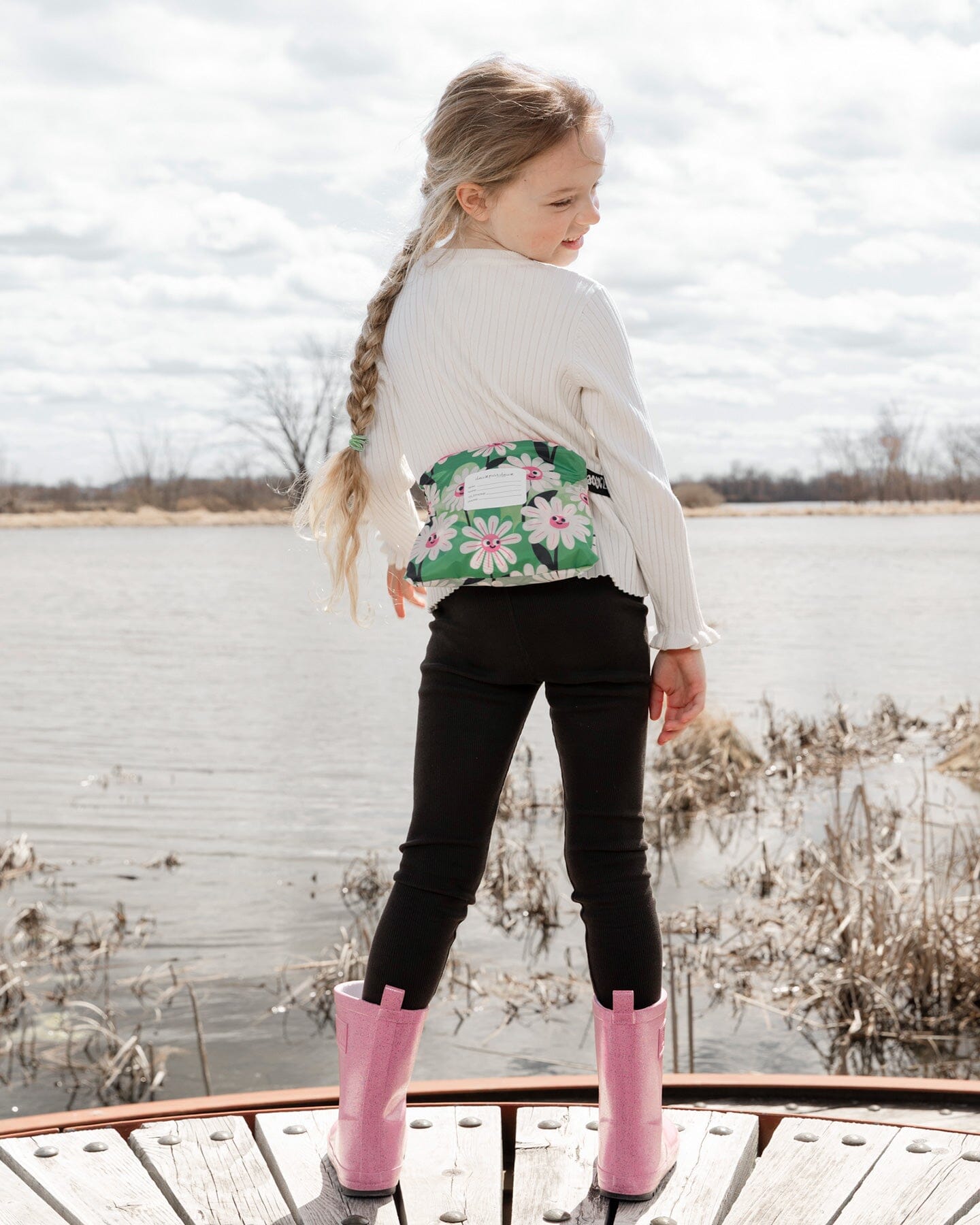 Packable Windbreaker In Polyester Green Smiling Flower Print Outerwear Deux par Deux 