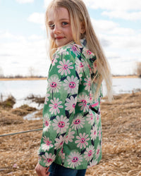 Packable Windbreaker In Polyester Green Smiling Flower Print Outerwear Deux par Deux 