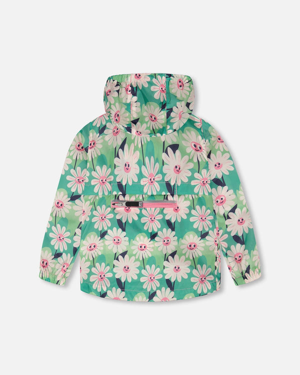 Packable Windbreaker In Polyester Green Smiling Flower Print Outerwear Deux par Deux 