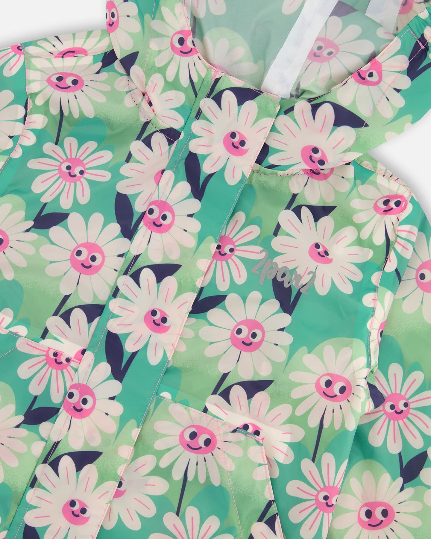 Packable Windbreaker In Polyester Green Smiling Flower Print Outerwear Deux par Deux 