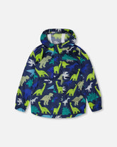 Packable Windbreaker In Polyester Blue Dinosaur Print