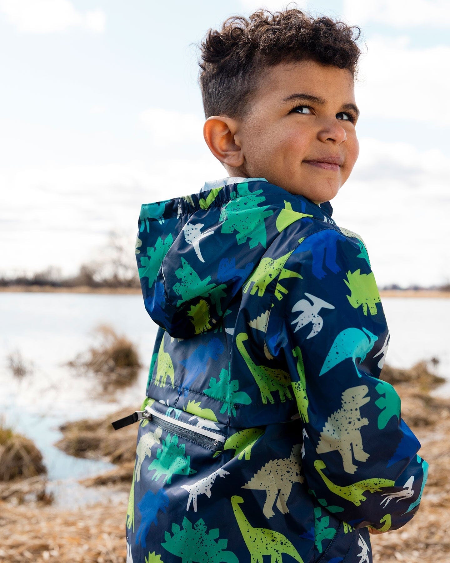 Packable Windbreaker In Polyester Blue Dinosaur Print - H30W49_3H036