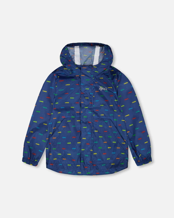 Packable Windbreaker In Polyester Blue Car Print - H30W49_3H037