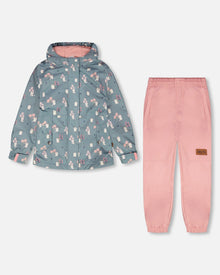 Two-Piece Mid-Season Outerwear Set Green Cat Print - H30W51_3H001