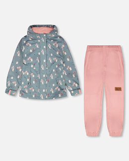 Two-Piece Mid-Season Outerwear Set Green Cat Print - H30W51_3H001