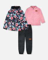 3-In-1 Two-Piece Mid-Season Outerwear Set Black Printed Flowers - Pink Inner Jacket