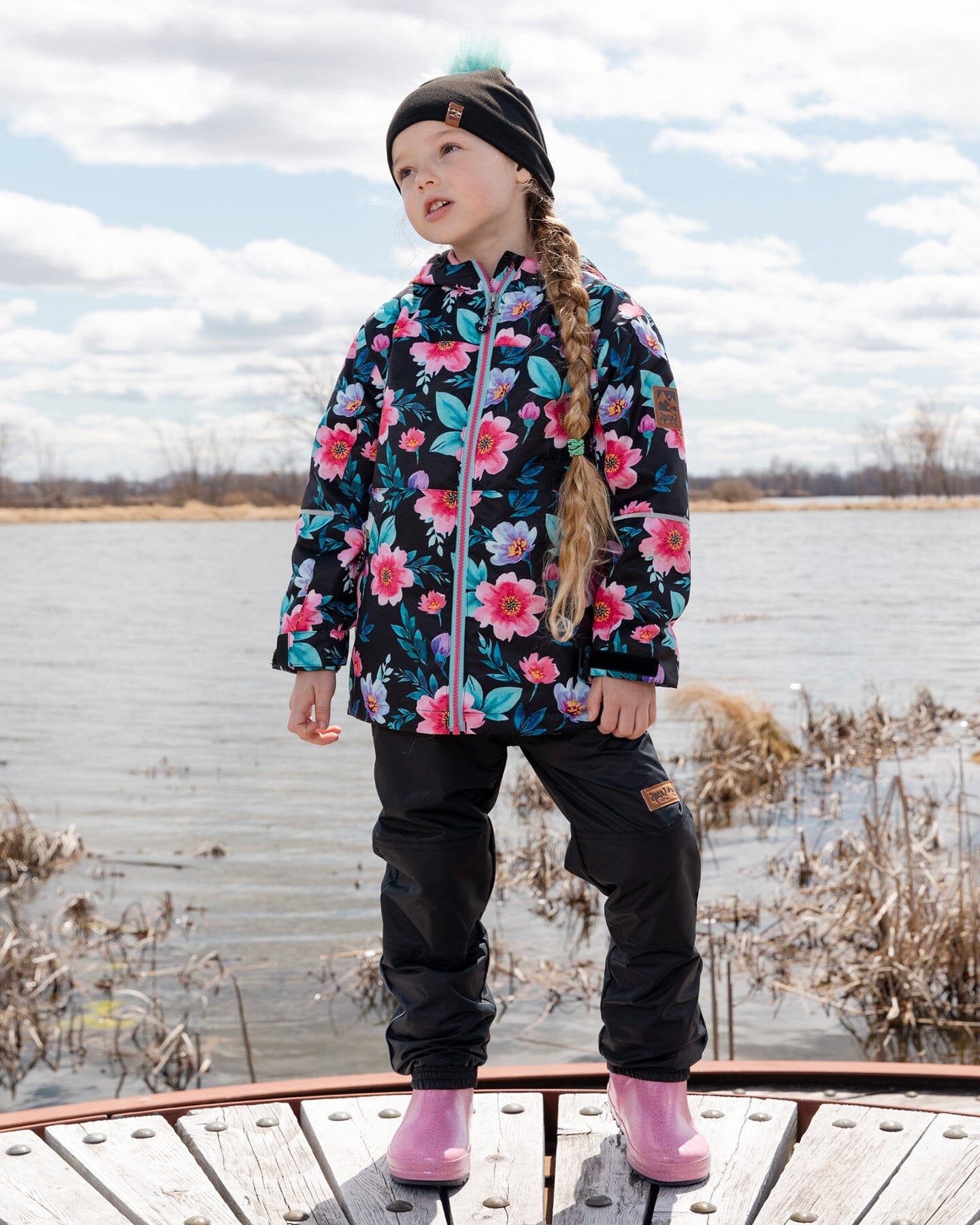 3-In-1 Two-Piece Mid-Season Outerwear Set Black Printed Flowers - Pink Inner Jacket - H30W54_3H011