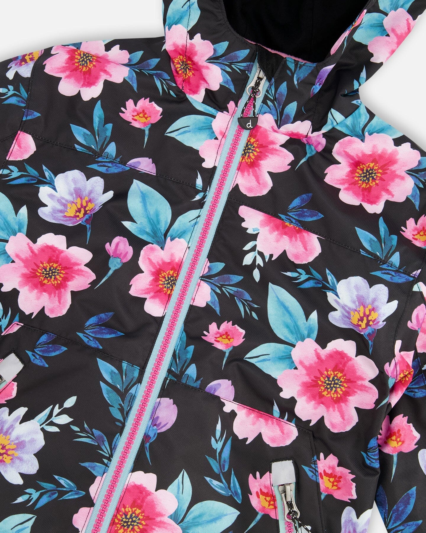 3-In-1 Two-Piece Mid-Season Outerwear Set Black Printed Flowers - Pink Inner Jacket - H30W54_3H011