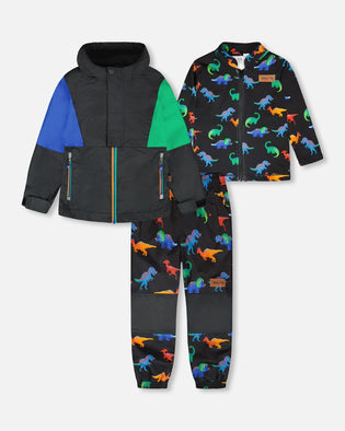 3-In-1 Two-Piece Mid-Season Outerwear Set Black Dinosaur Print - H30W56_09990