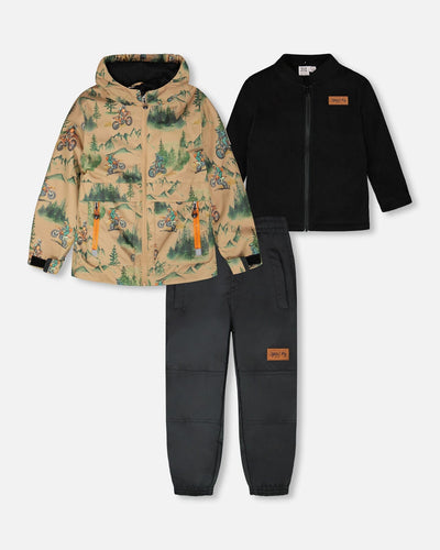 3-In-1 Two-Piece Mid-Season Outerwear Set Brown Motocross Print - H30W57_3H034