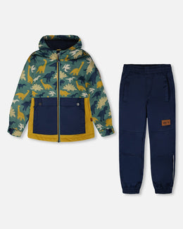 Two-Piece Mid-Season Outerwear Set Green Dinosaur Print - H30W58_3H028