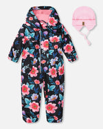 Baby Mid-Season One-Piece Outerwear With Hat Black Printed Flowers - H30W64_3H011