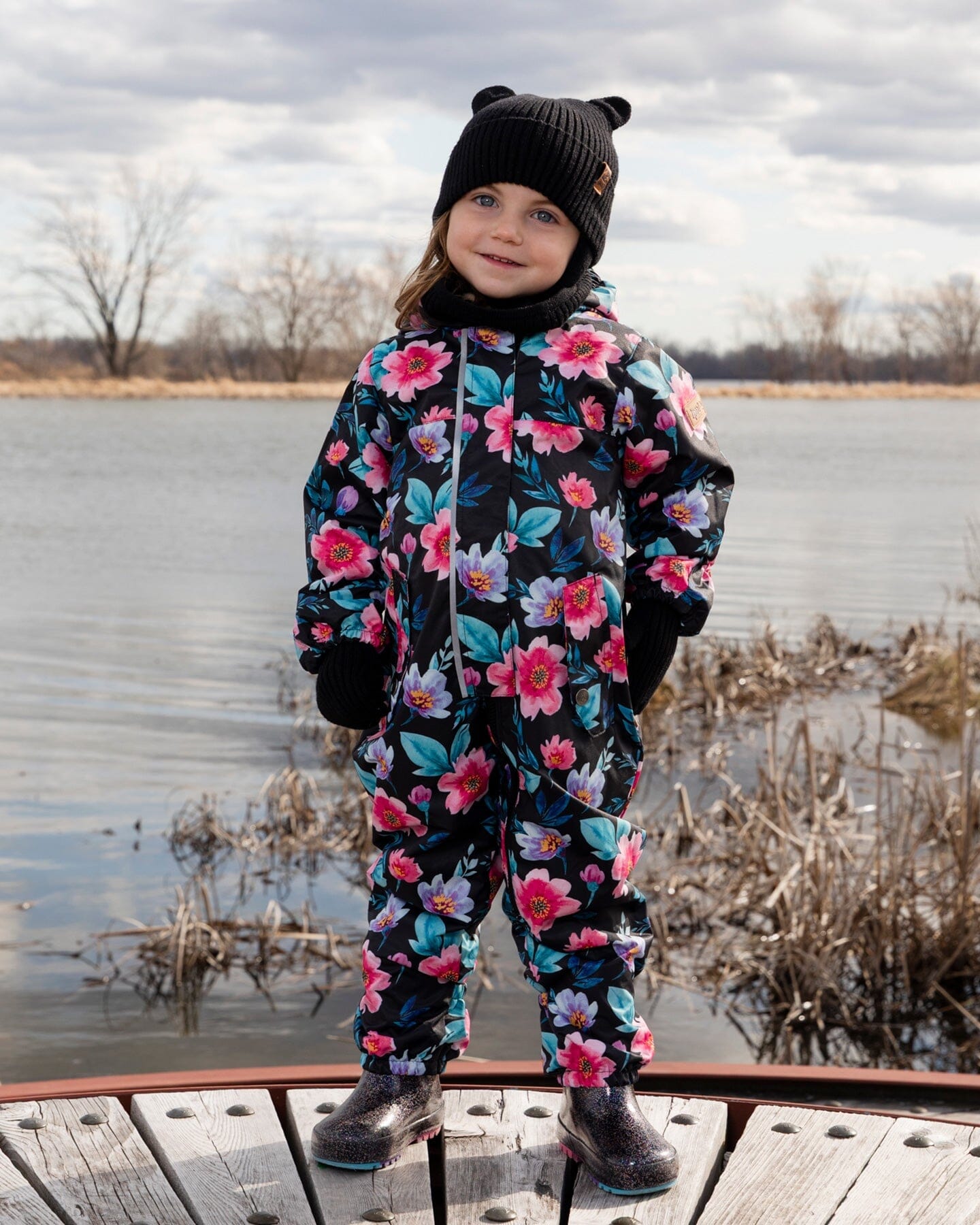 Baby Mid-Season One-Piece Outerwear With Hat Black Printed Flowers - H30W64_3H011