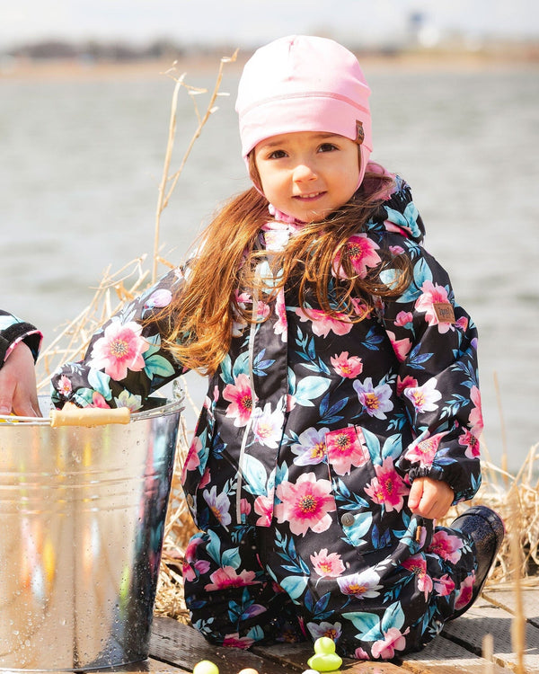 Baby Mid-Season One-Piece Outerwear With Hat Black Printed Flowers - H30W64_3H011