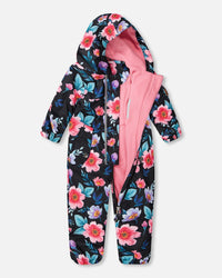 Baby Mid-Season One-Piece Outerwear With Hat Black Printed Flowers - H30W64_3H011