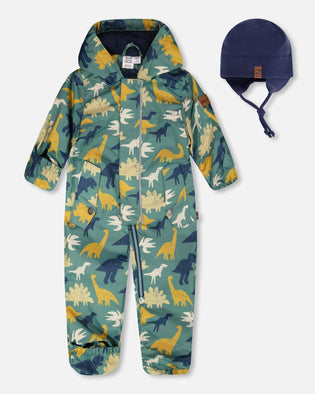Baby Mid-Season One-Piece Outerwear With Hat Green Dinosaur Print - H30W65_3H028
