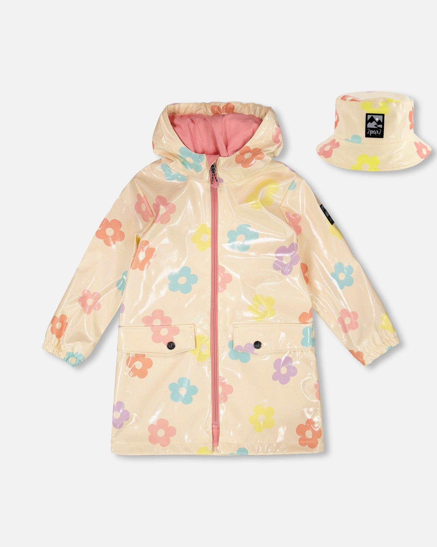 Rain Coat And Hat Set Beige Printed Flowers - H30W98_3H019