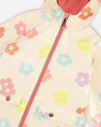 Rain Coat And Hat Set Beige Printed Flowers - H30W98_3H019