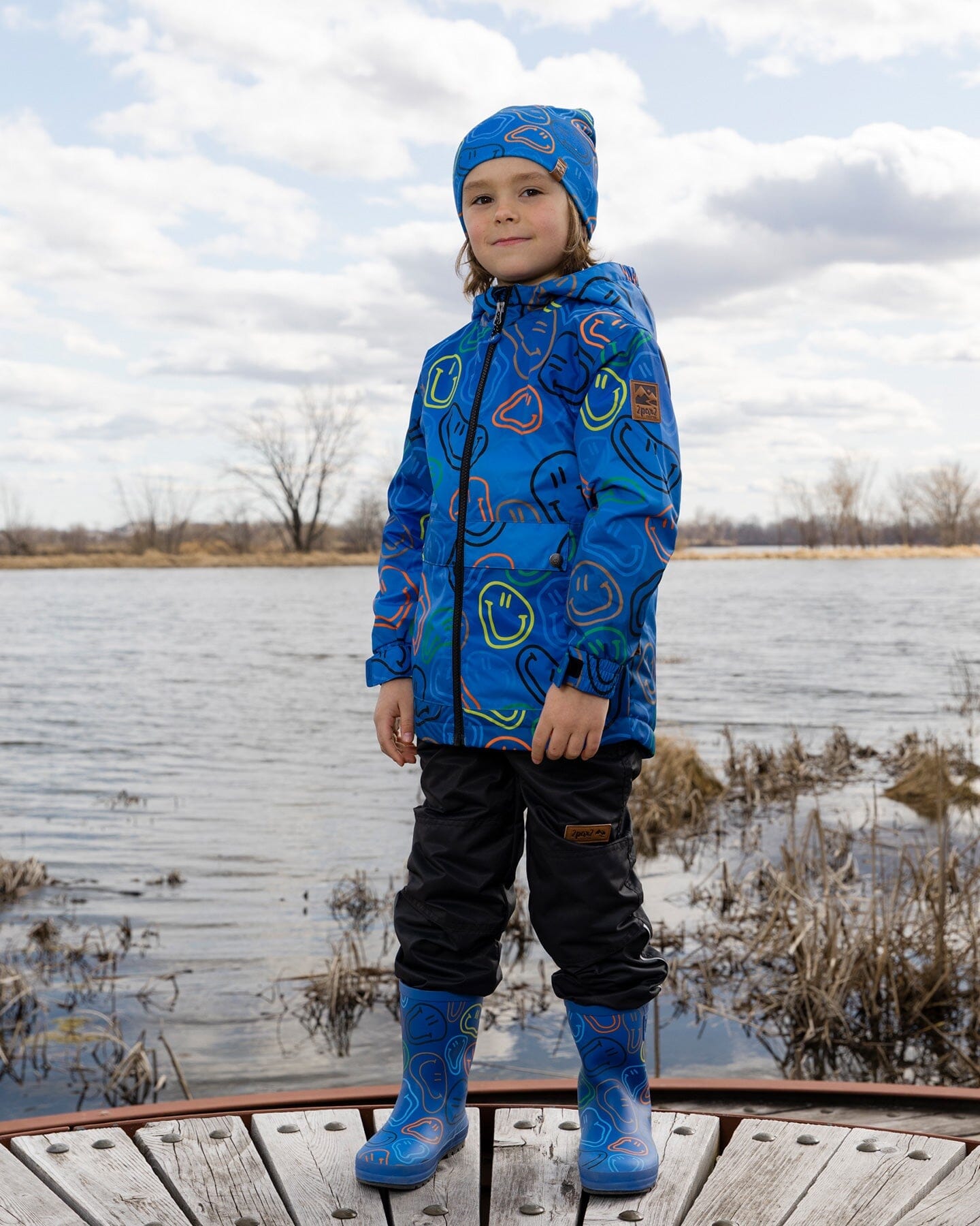 Rain Boots In Natural Rubber Blue Smiley Print - H30WB10_3H030