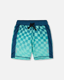 Athletic Shorts In Recycled Polyester Teal Printed Checkerboard - H30XB26_3H190