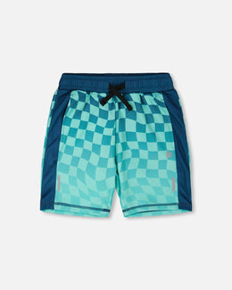 Athletic Shorts In Recycled Polyester Teal Printed Checkerboard - H30XB26_3H190
