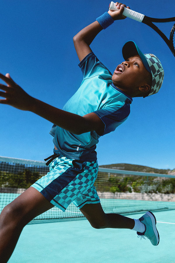 Athletische Shorts aus recyceltem Polyester, Petrol, kariert bedruckt