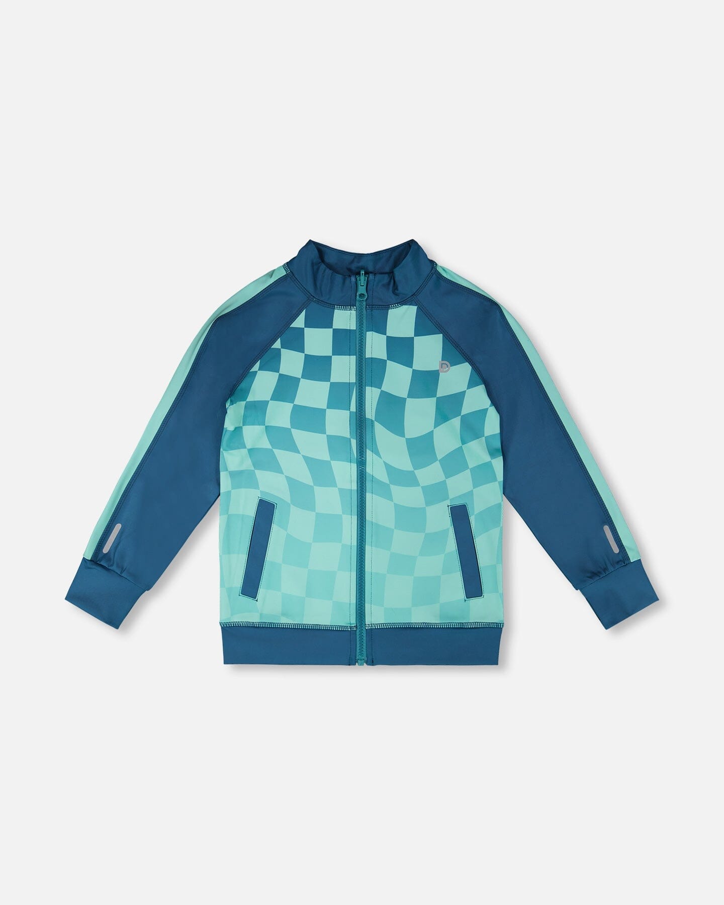 Full Zip Athletic Cardigan In Recycled Polyester Teal Printed Checkerboard - H30XB30_3H190