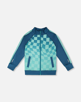 Full Zip Athletic Cardigan In Recycled Polyester Teal Printed Checkerboard - H30XB30_3H190