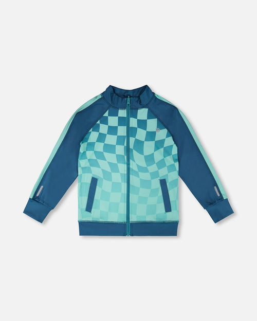Full Zip Athletic Cardigan In Recycled Polyester Teal Printed Checkerboard - H30XB30_3H190