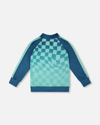 Full Zip Athletic Cardigan In Recycled Polyester Teal Printed Checkerboard - H30XB30_3H190