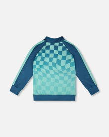 Full Zip Athletic Cardigan In Recycled Polyester Teal Printed Checkerboard - H30XB30_3H190