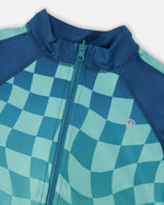 Full Zip Athletic Cardigan In Recycled Polyester Teal Printed Checkerboard - H30XB30_3H190