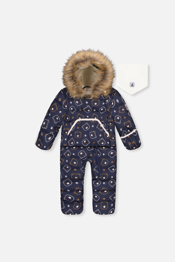 Baby Snug One Piece Snowsuit Adapted For Car Seats Blue Printed Teddy Bears - J10B701_1J008