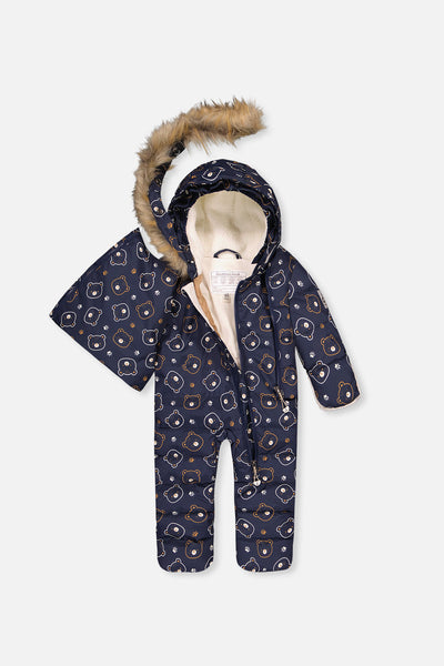 Baby Snug One Piece Snowsuit Adapted For Car Seats Blue Printed Teddy Bears - J10B701_1J008
