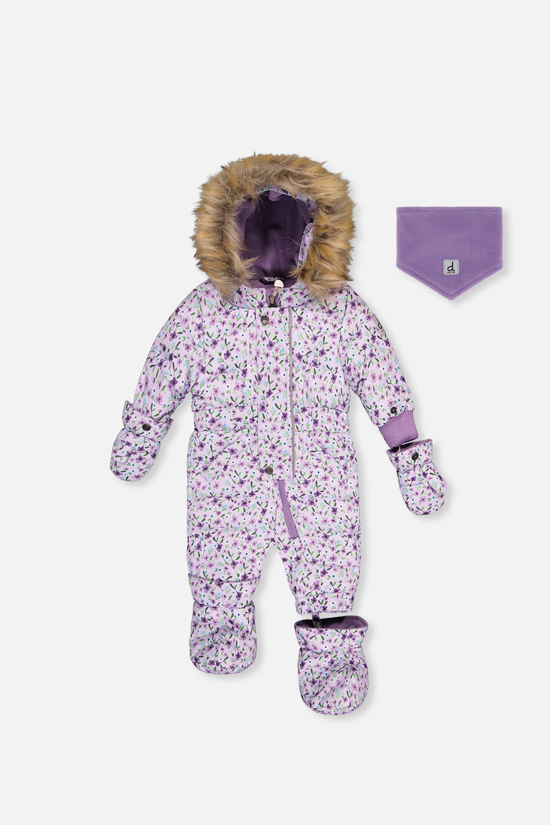 Baby Original One Piece Puffy Snowsuit With Removable Mittens And Boots Purple Printed Mini Flowers - J10B702_1J007