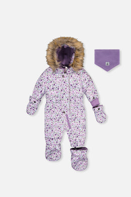 Baby Original One Piece Puffy Snowsuit With Removable Mittens And Boots Purple Printed Mini Flowers - J10B702_1J007