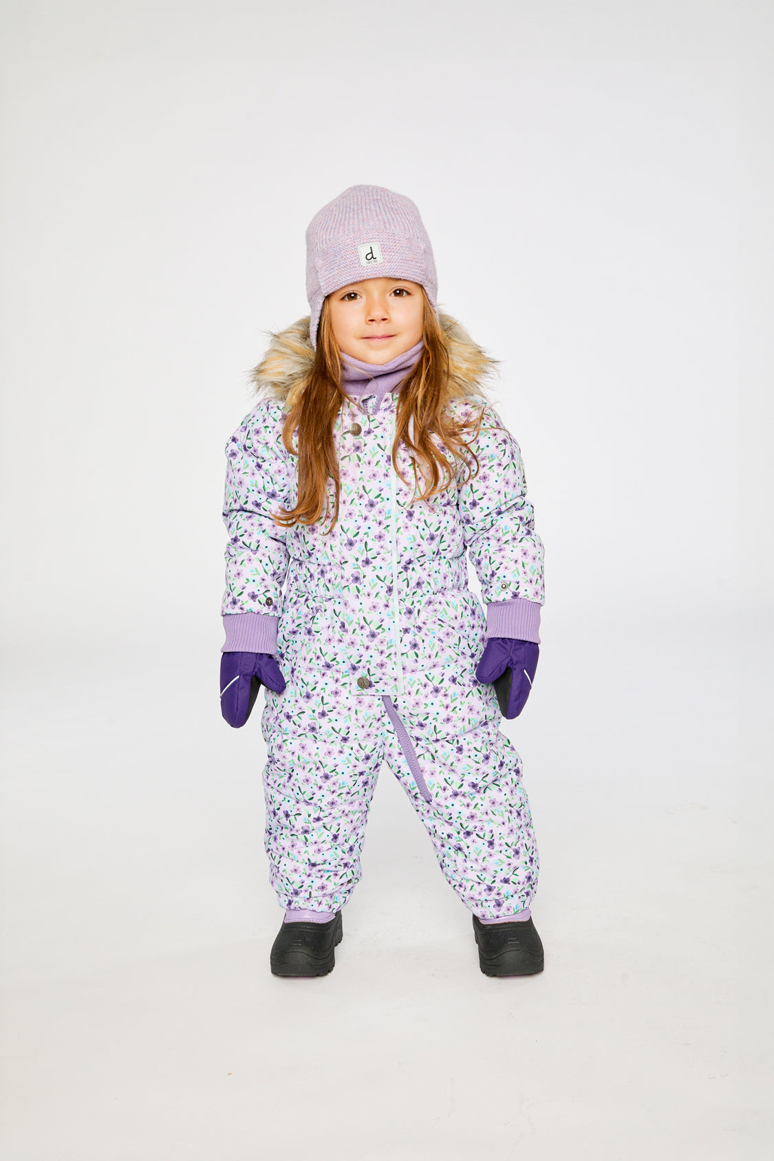 Baby Original One Piece Puffy Snowsuit With Removable Mittens And Boots Purple Printed Mini Flowers - J10B702_1J007
