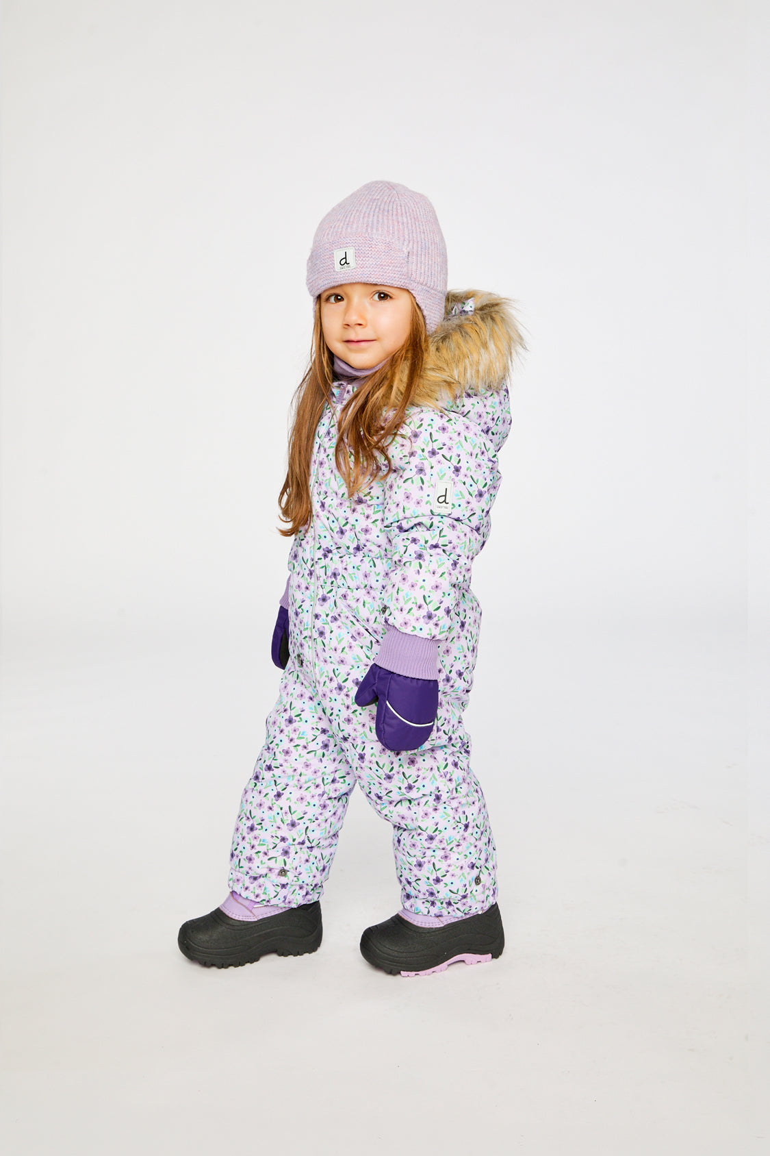 Baby Original One Piece Puffy Snowsuit With Removable Mittens And Boots Purple Printed Mini Flowers - J10B702_1J007