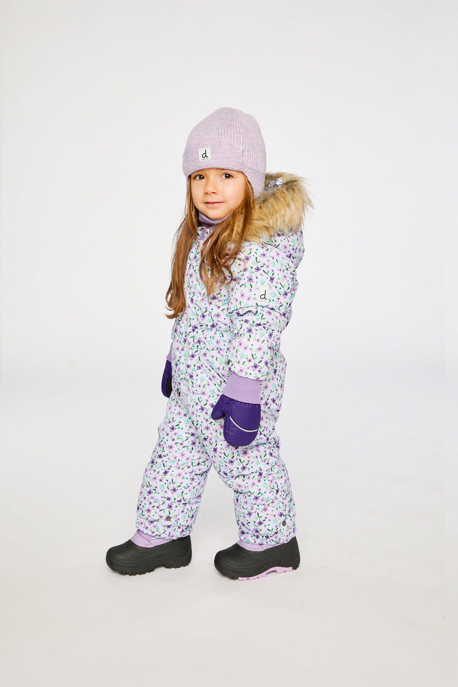 Baby Original One Piece Puffy Snowsuit With Removable Mittens And Boots Purple Printed Mini Flowers - J10B702_1J007