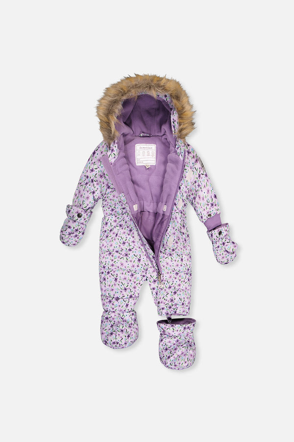 Baby Original One Piece Puffy Snowsuit With Removable Mittens And Boots Purple Printed Mini Flowers - J10B702_1J007