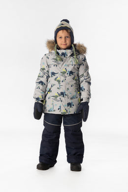 Two Piece Discover Snowsuit Grey Skiing Dinosaur Print