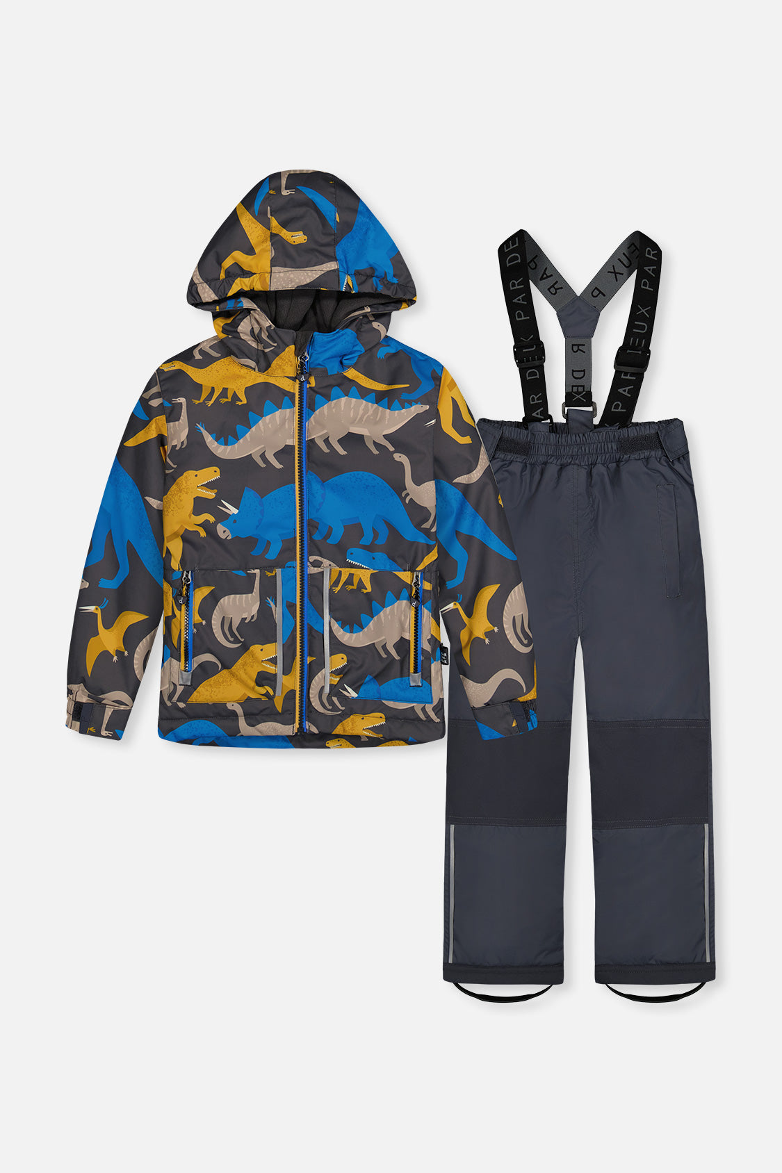 Leichter zweiteiliger Chill-Schneeanzug mit grauem und blauem Dinosauriermuster