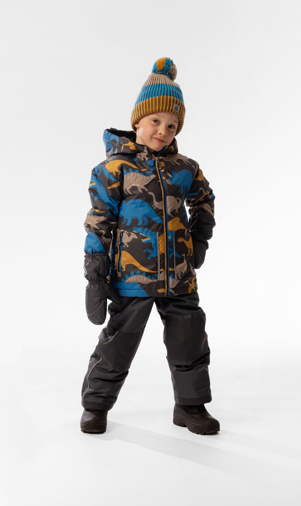 Leichter zweiteiliger Chill-Schneeanzug mit grauem und blauem Dinosauriermuster