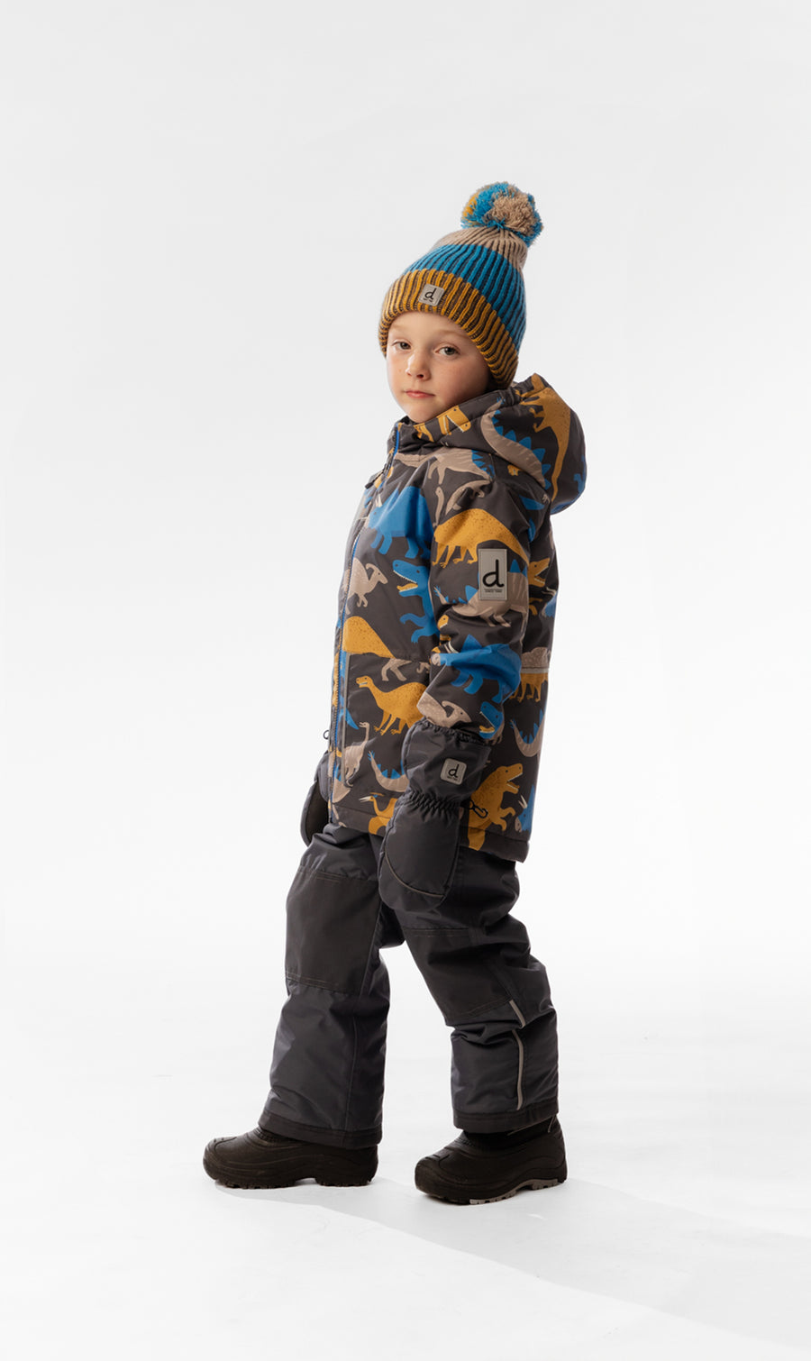 Leichter zweiteiliger Chill-Schneeanzug mit grauem und blauem Dinosauriermuster